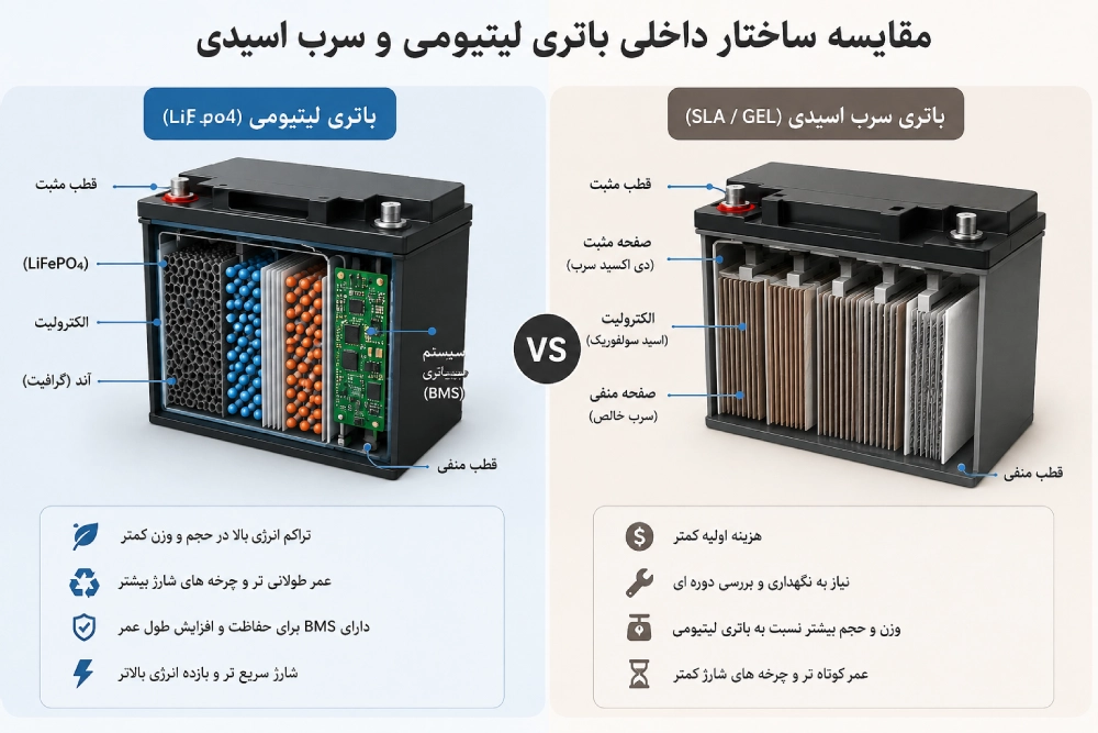 مقایسه ساختار باتری لیتیومی و سرب اسیدی