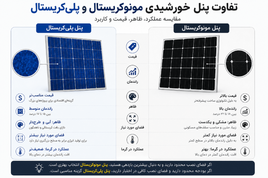 مقایسه عملکرد و ظاهر پنل مونوکریستال و پلیکریستال